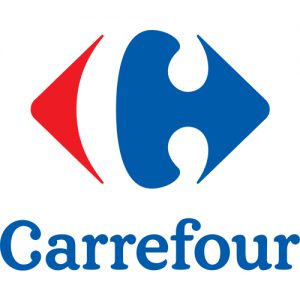 Logo de l'enseigne Carrefour, un C blanc dans un losange rouge et bleu dont le sommet et la base sont effacés