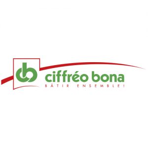 Logo de l'enseigne Ciffréo Bona écrit en vert avec en rouge le slogan bâtir ensemble