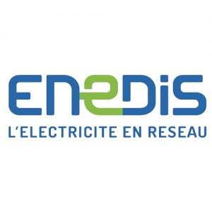 Logo d'Enedis, l'électricité de France, le nouveau nom d'Erdf, en Bleu avec le E central stylisé et en vert