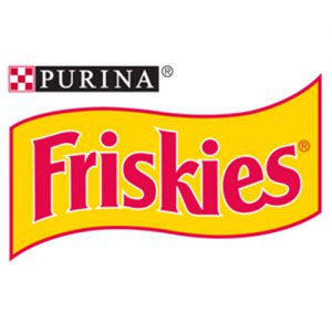 Logo de la marque Friskies, en rouge sur fond jaune avec liseré rouge
