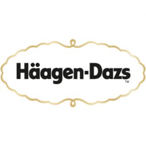 Logo de la marque Häagen-Dazs en noir sur fond blanc dans un liseré doré