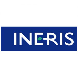 Logo de l'INERIS, L’Institut national de l'environnement industriel et des risques en blanc sur fond bleu avec un point vert sur la barre centrale du E de INERIS