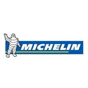 Logo de la marque Michelin en blanc sur fond bleu avec le bibendum qui salue