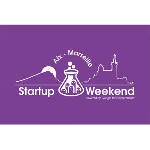 Logo du Startup Weekend d'Aix-Marseille sur fond mauve les silhouettes de la montagne Sainte Victoire, de Notre Dame de la Garde et d'une fiole de laboratoire