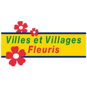 Logo du label Villes et Villages Fleuris sur fond jaune avec des petites fleurs rouges