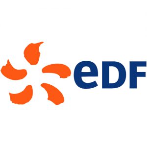 Logo du groupe EDF avec un flamme orange et le nom du groupe en bleu