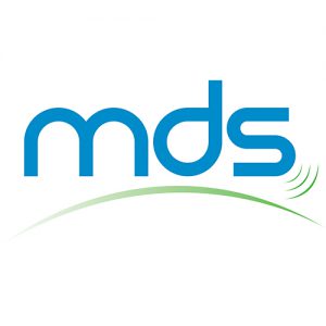 Logo de la société MDS, Materiel de sondage en bleu avec des courbes vertes qui symbolisent des ondes