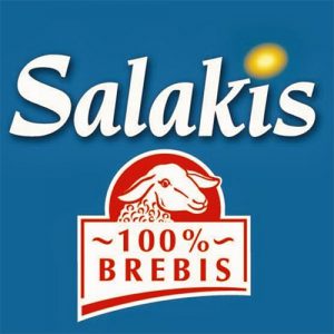 Logo de la marque Salakis sur fond bleu avec une vignette en rouge et blanc d'une brebis et du texte 100% Brebis